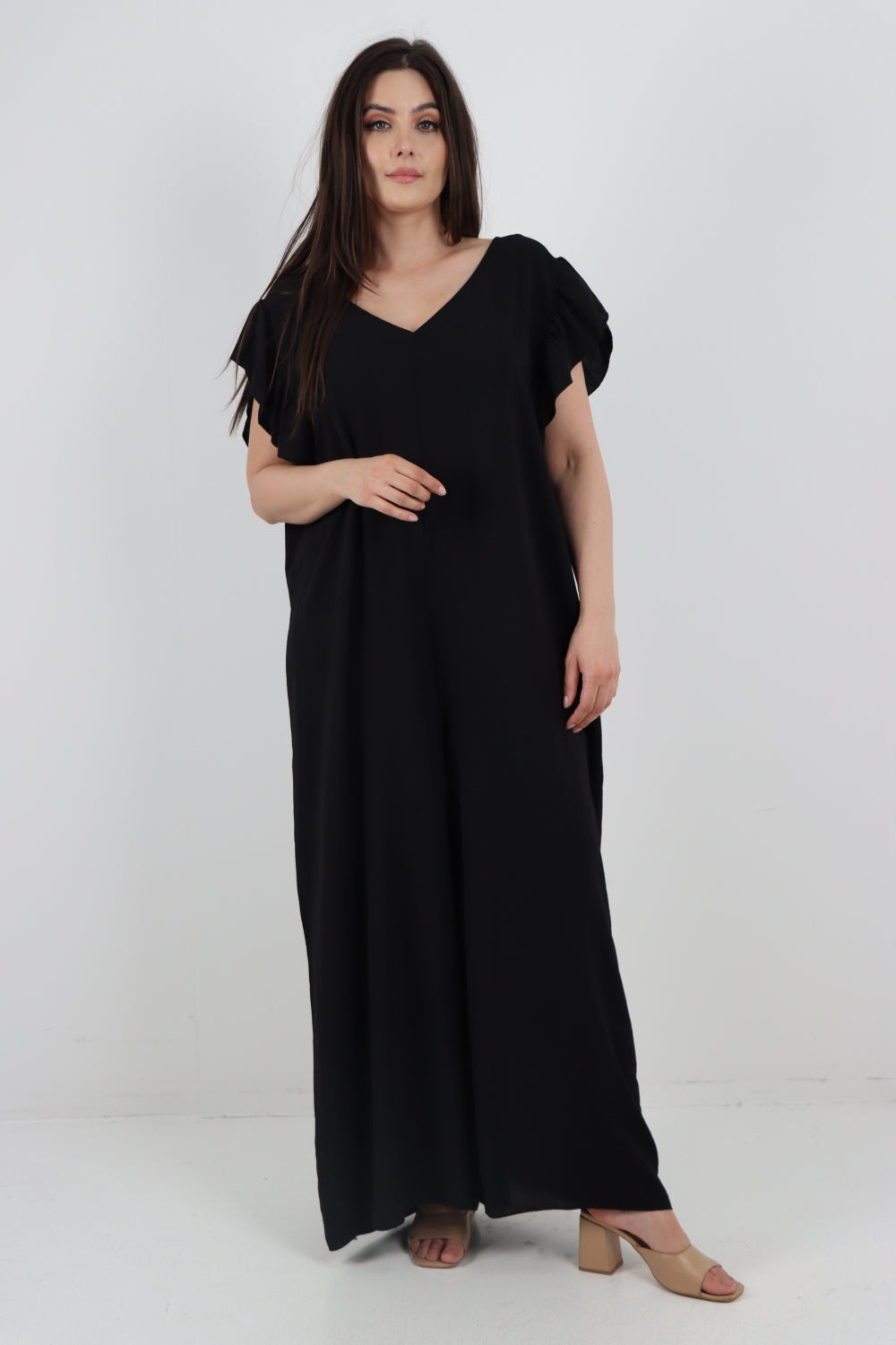 Italian Plain Tie Back Frill Sleeve V Neck Jumpsuit