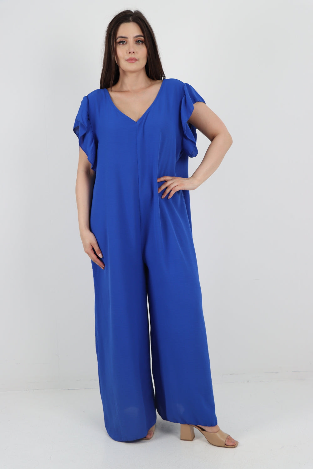 Italian Plain Tie Back Frill Sleeve V Neck Jumpsuit