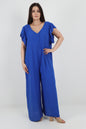 Italian Plain Tie Back Frill Sleeve V Neck Jumpsuit
