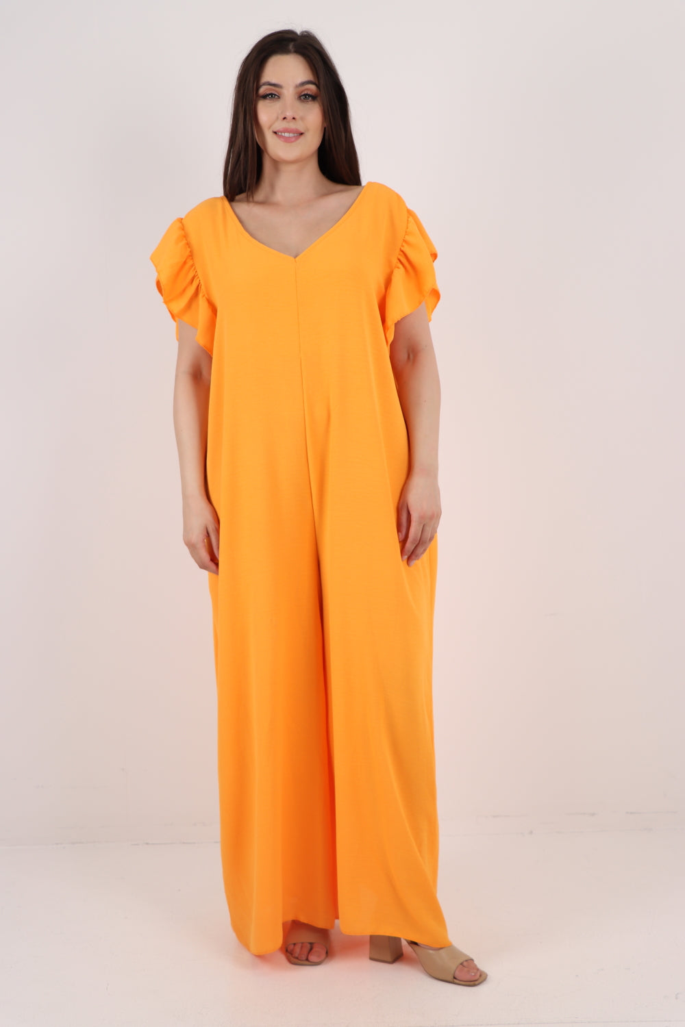 Italian Plain Tie Back Frill Sleeve V Neck Jumpsuit