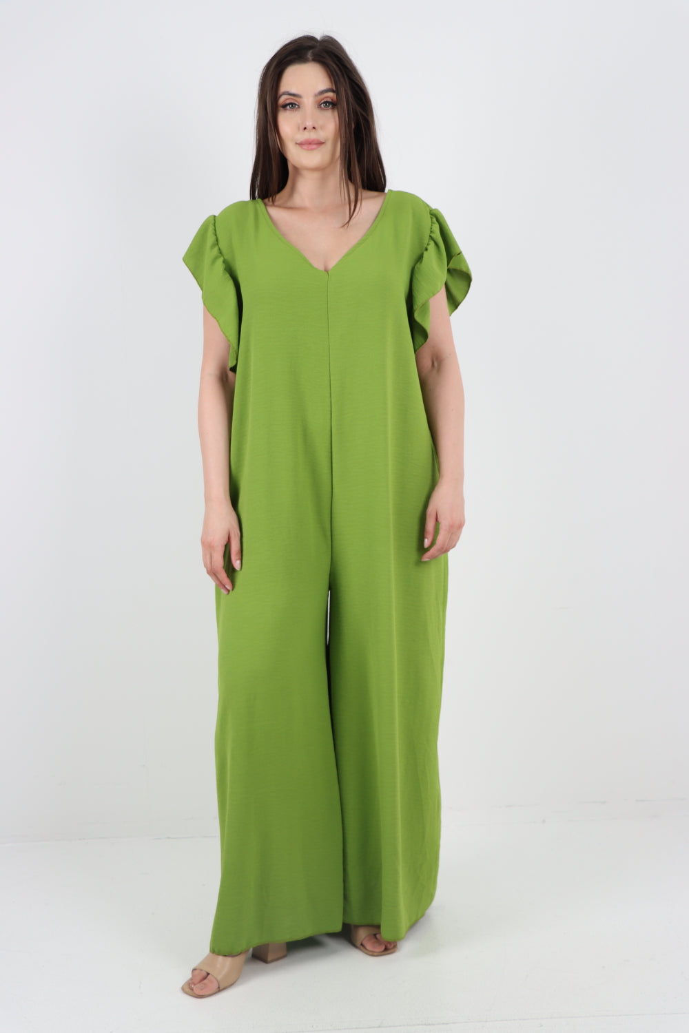 Italian Plain Tie Back Frill Sleeve V Neck Jumpsuit