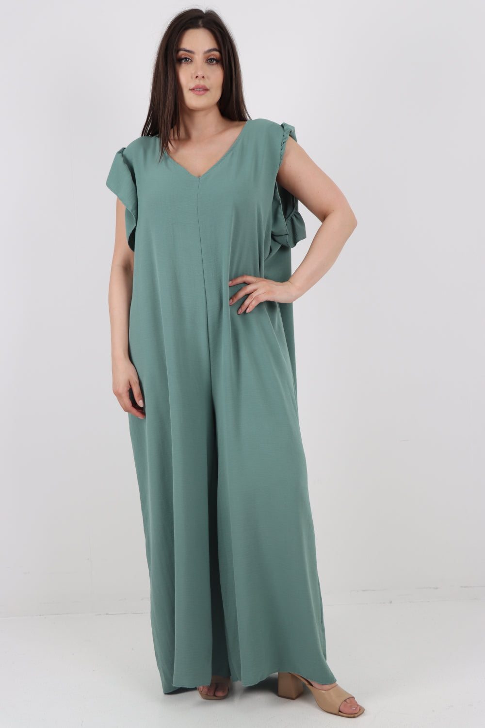 Italian Plain Tie Back Frill Sleeve V Neck Jumpsuit