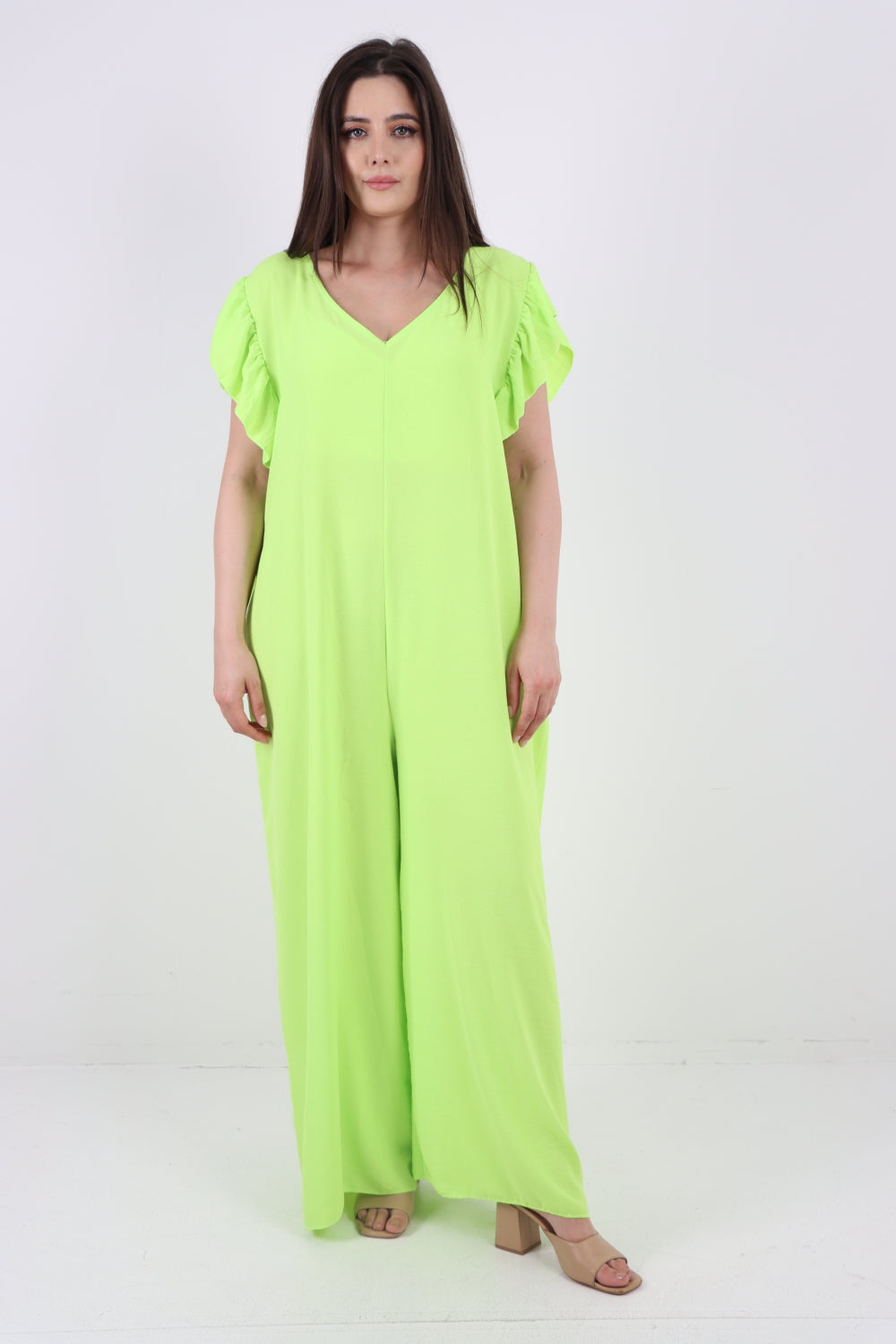 Italian Plain Tie Back Frill Sleeve V Neck Jumpsuit