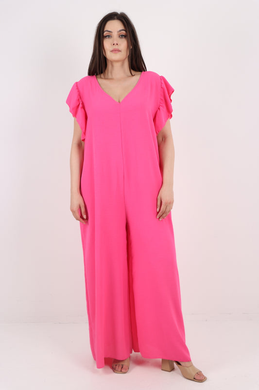 Italian Plain Tie Back Frill Sleeve V Neck Jumpsuit