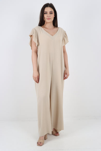 Italian Plain Tie Back Frill Sleeve V Neck Jumpsuit