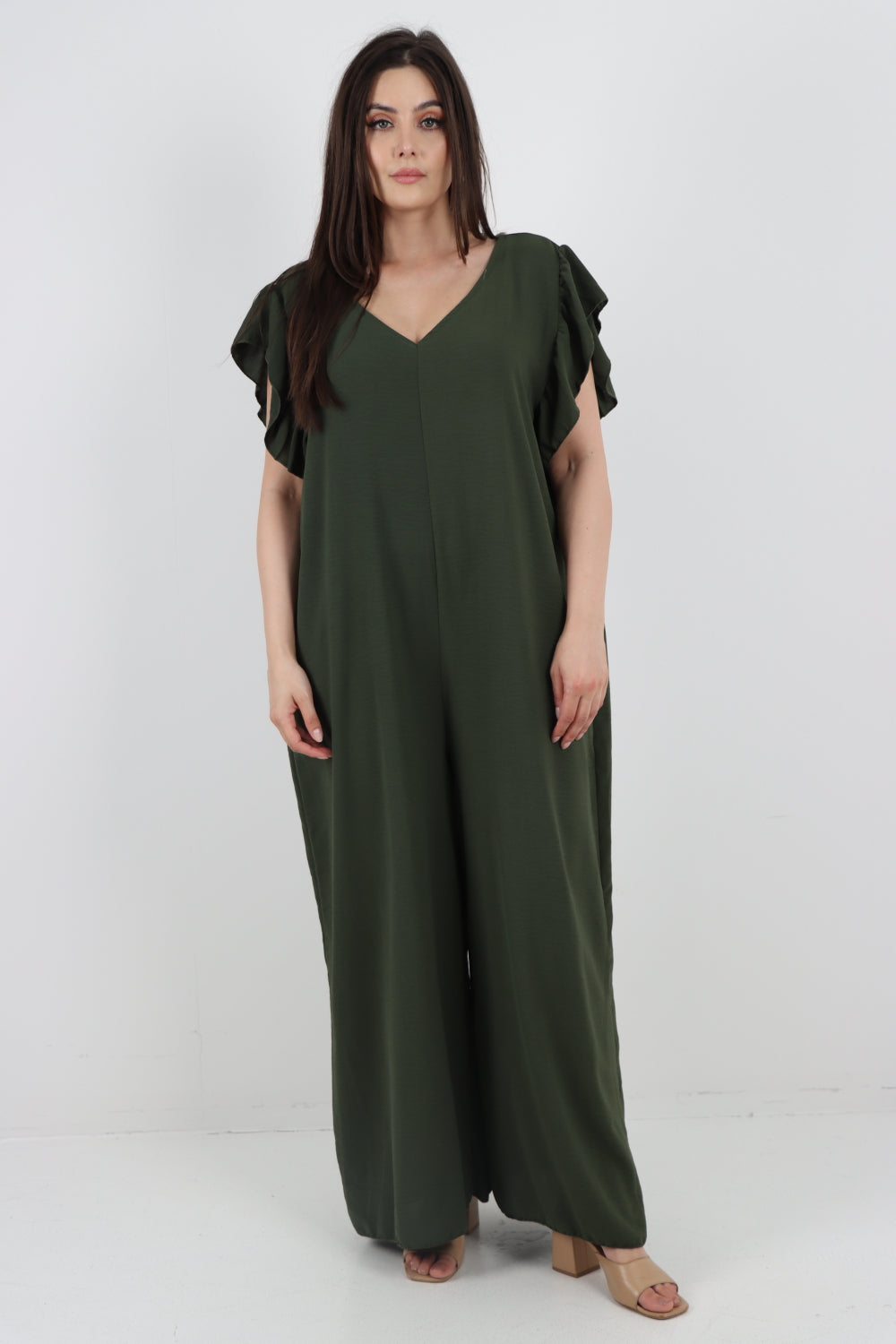Italian Plain Tie Back Frill Sleeve V Neck Jumpsuit