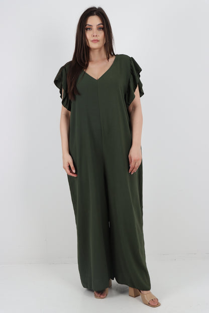 Italian Plain Tie Back Frill Sleeve V Neck Jumpsuit