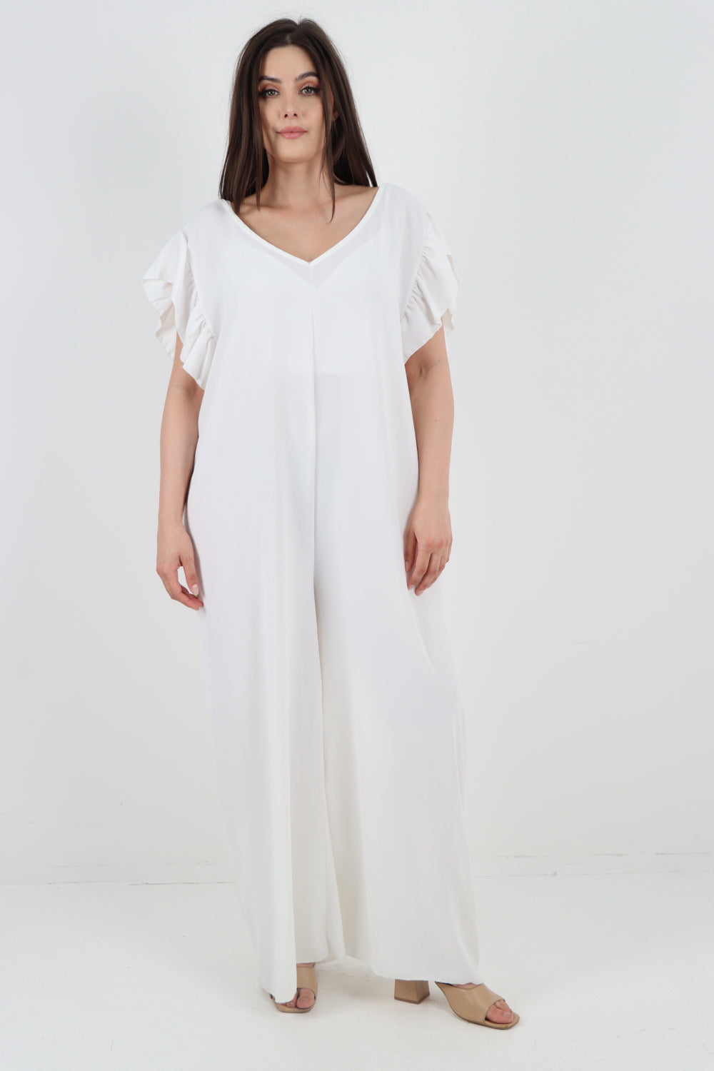 Italian Plain Tie Back Frill Sleeve V Neck Jumpsuit