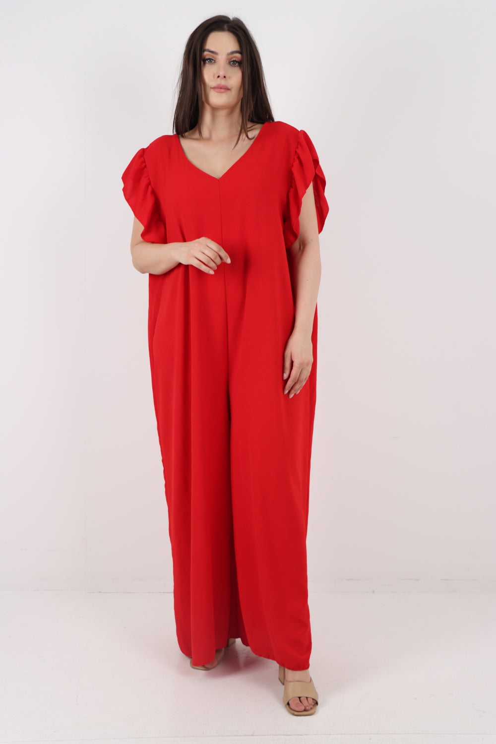 Italian Plain Tie Back Frill Sleeve V Neck Jumpsuit