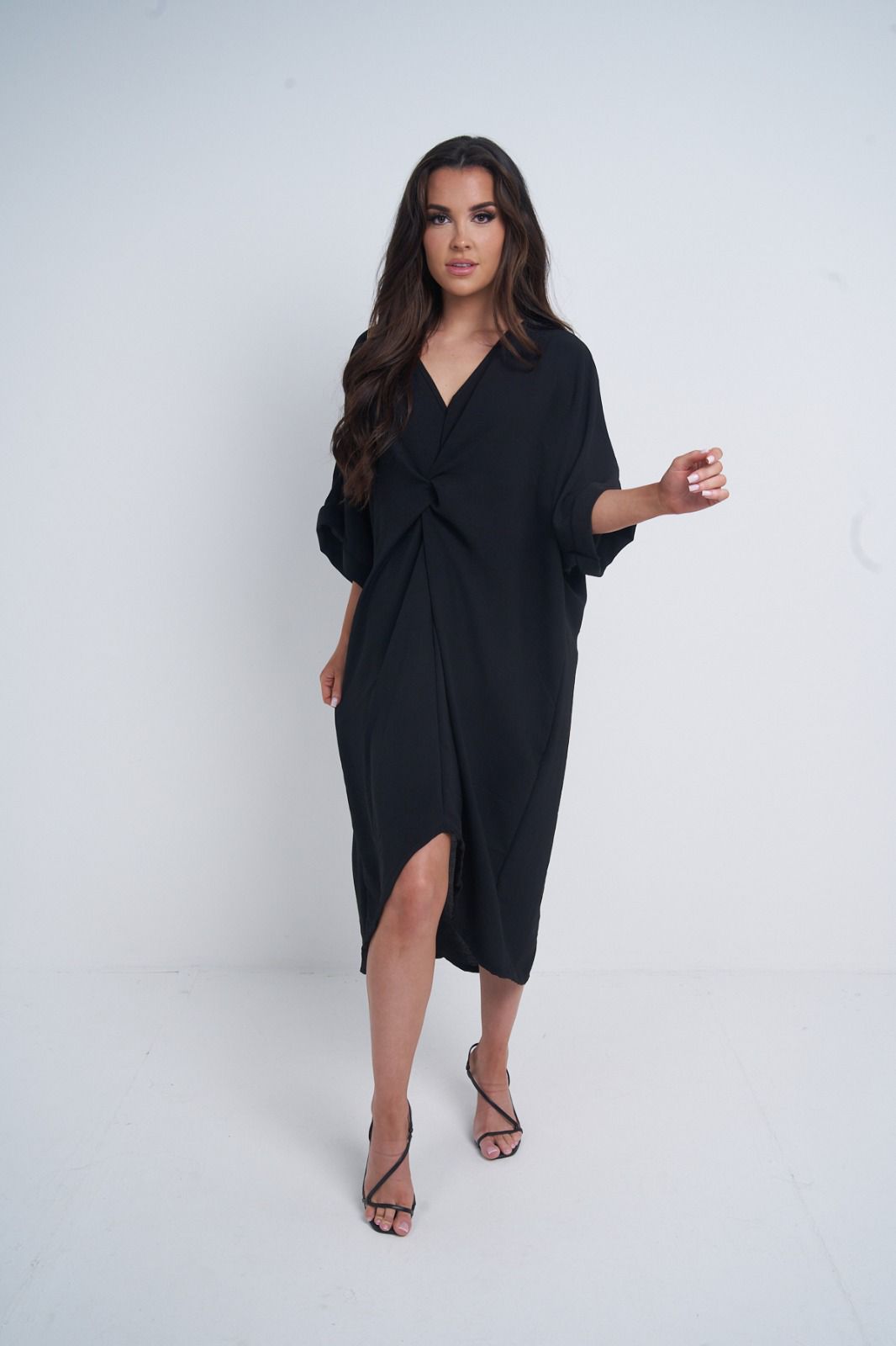 One Size Twist Front Mid Sleeve Midi Tunic Dress