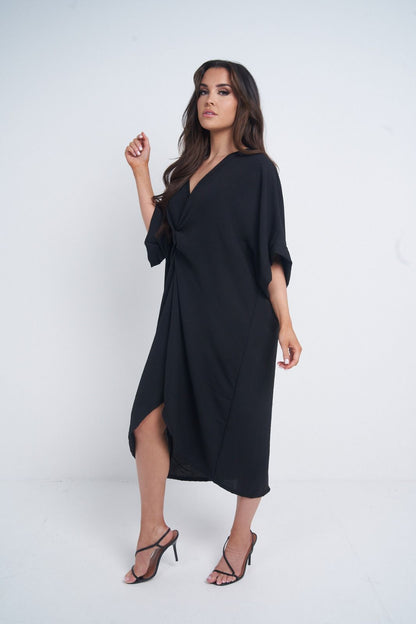 One Size Twist Front Mid Sleeve Midi Tunic Dress