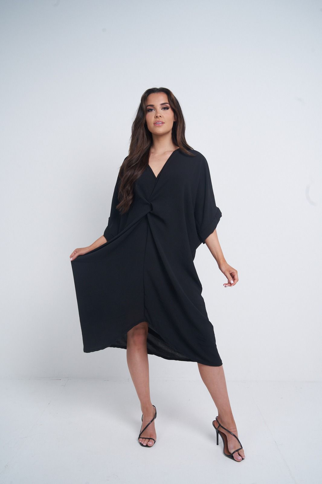One Size Twist Front Mid Sleeve Midi Tunic Dress