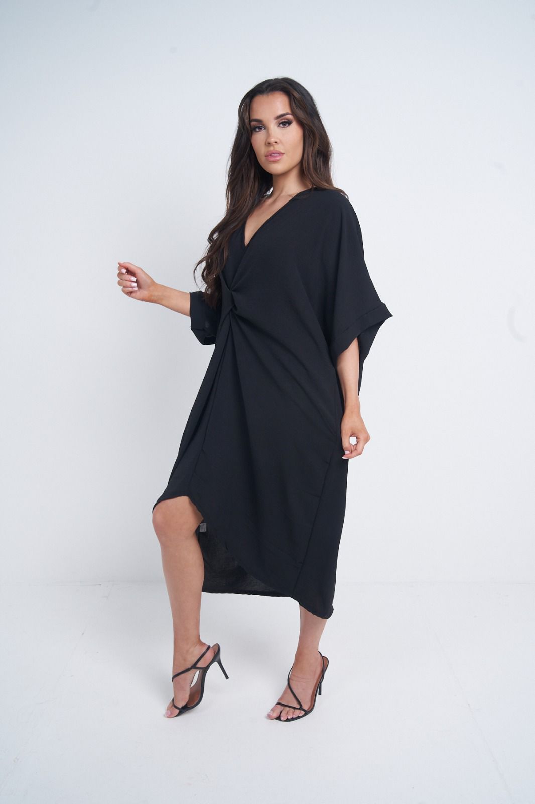 One Size Twist Front Mid Sleeve Midi Tunic Dress