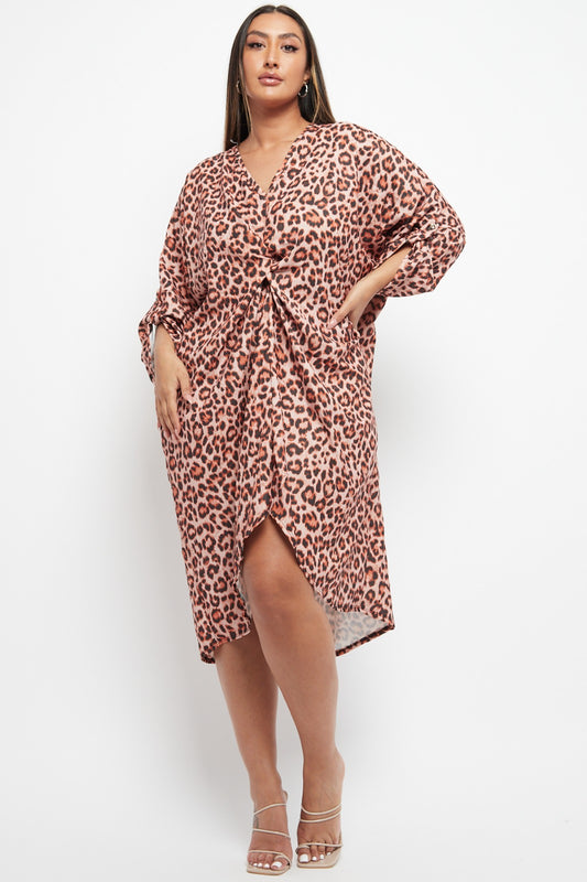 One Size Animal Print Twist Front Turn Up Sleeve Midi Tunic Dress