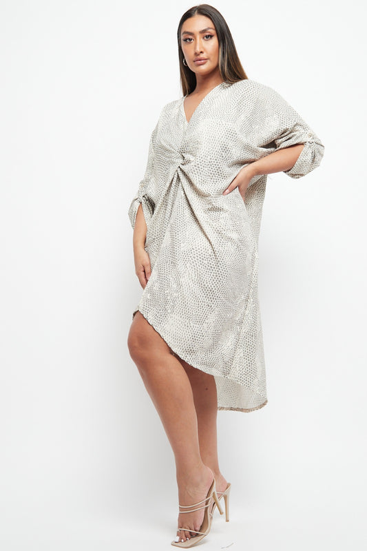 One Size Snake Print Twist Front Turn Up Sleeve Midi Tunic Dress