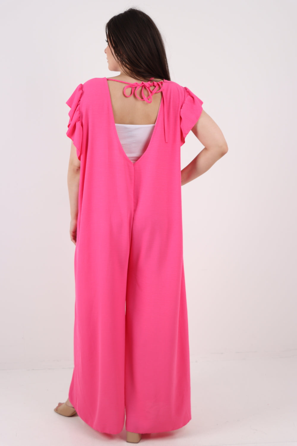 Italian Plain Tie Back Frill Sleeve V Neck Jumpsuit