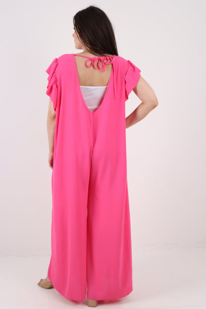 Italian Plain Tie Back Frill Sleeve V Neck Jumpsuit
