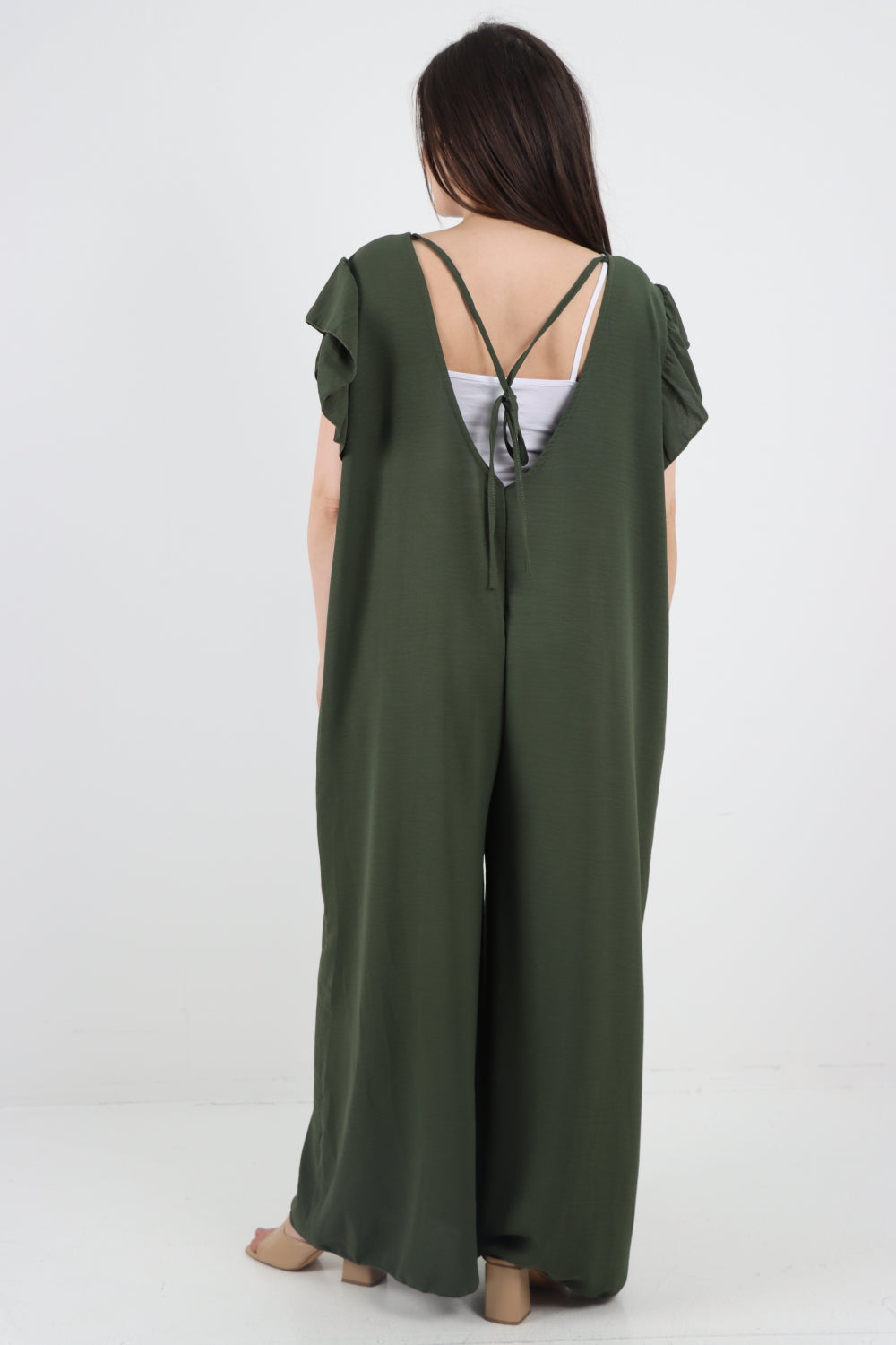 Italian Plain Tie Back Frill Sleeve V Neck Jumpsuit