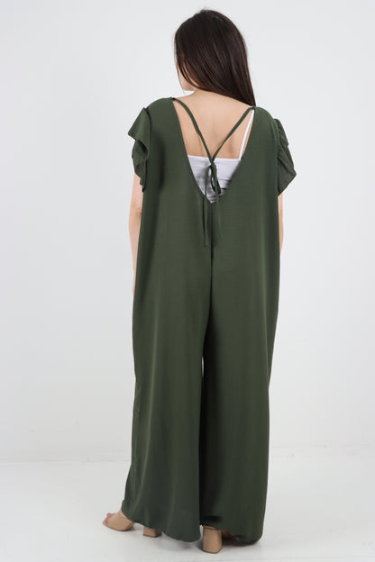 Italian Plain Tie Back Frill Sleeve V Neck Jumpsuit