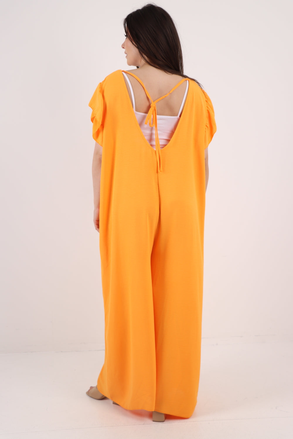 Italian Plain Tie Back Frill Sleeve V Neck Jumpsuit