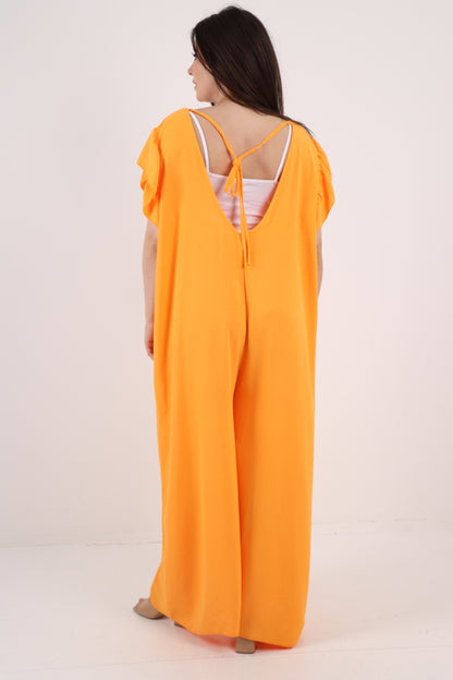 Italian Plain Tie Back Frill Sleeve V Neck Jumpsuit