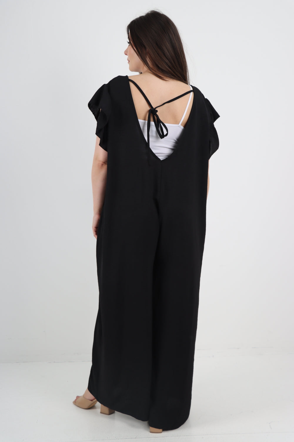 Italian Plain Tie Back Frill Sleeve V Neck Jumpsuit