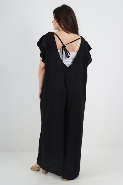 Italian Plain Tie Back Frill Sleeve V Neck Jumpsuit