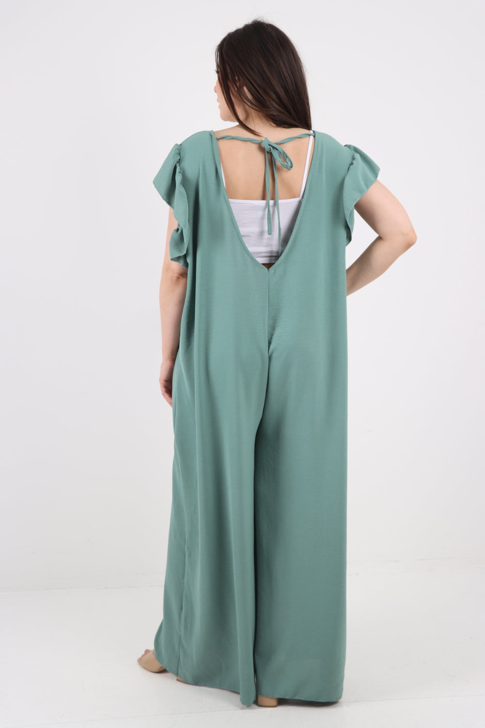 Italian Plain Tie Back Frill Sleeve V Neck Jumpsuit