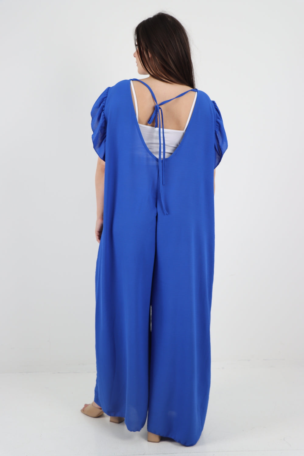 Italian Plain Tie Back Frill Sleeve V Neck Jumpsuit