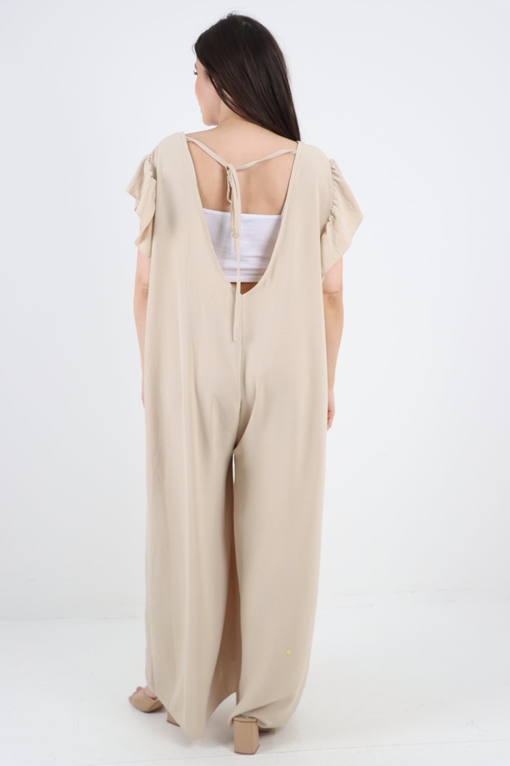 Italian Plain Tie Back Frill Sleeve V Neck Jumpsuit