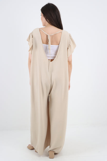 Italian Plain Tie Back Frill Sleeve V Neck Jumpsuit