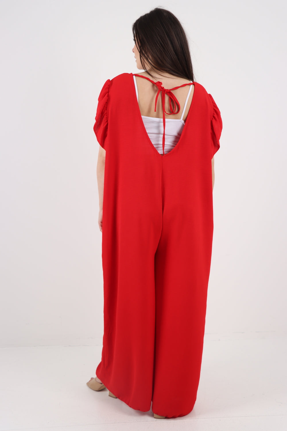 Italian Plain Tie Back Frill Sleeve V Neck Jumpsuit