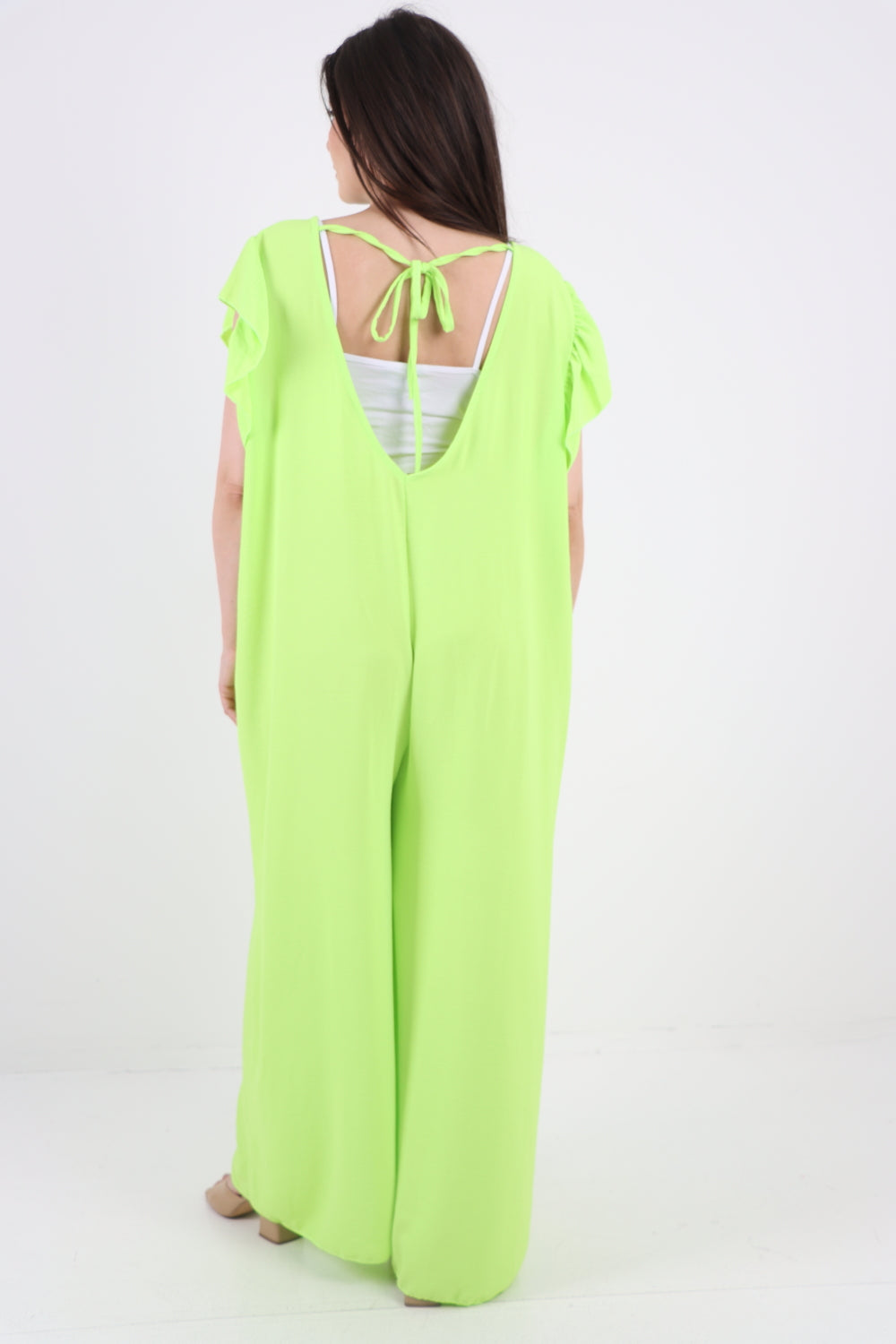 Italian Plain Tie Back Frill Sleeve V Neck Jumpsuit