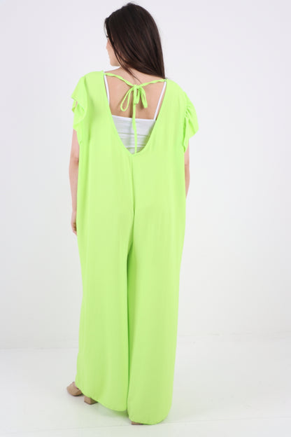 Italian Plain Tie Back Frill Sleeve V Neck Jumpsuit