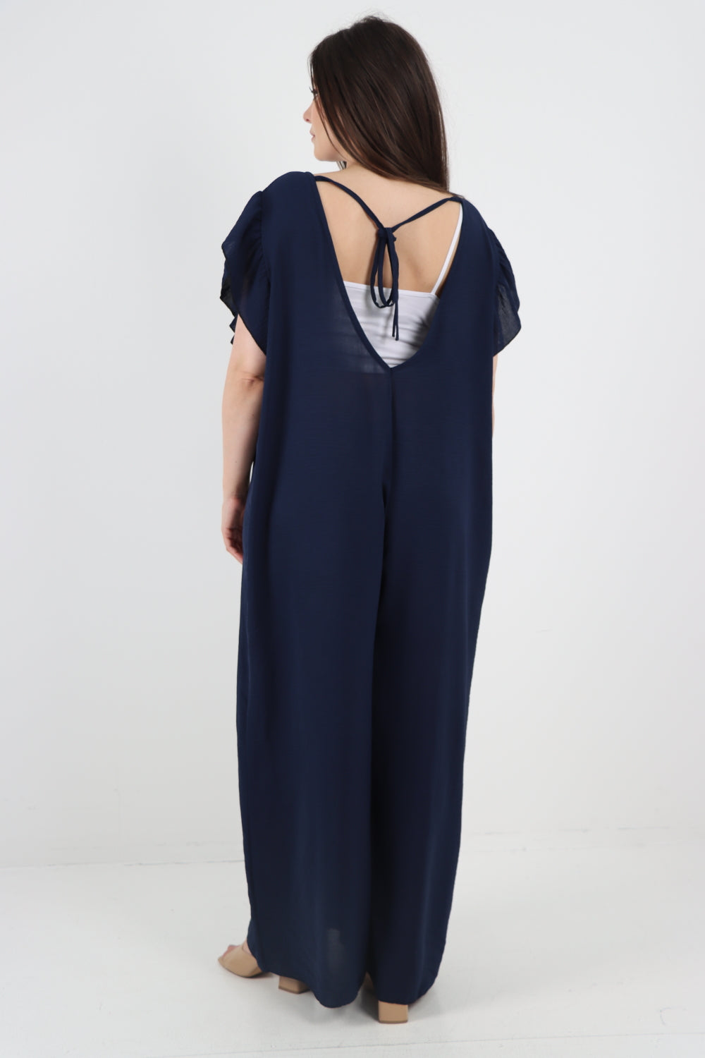 Italian Plain Tie Back Frill Sleeve V Neck Jumpsuit
