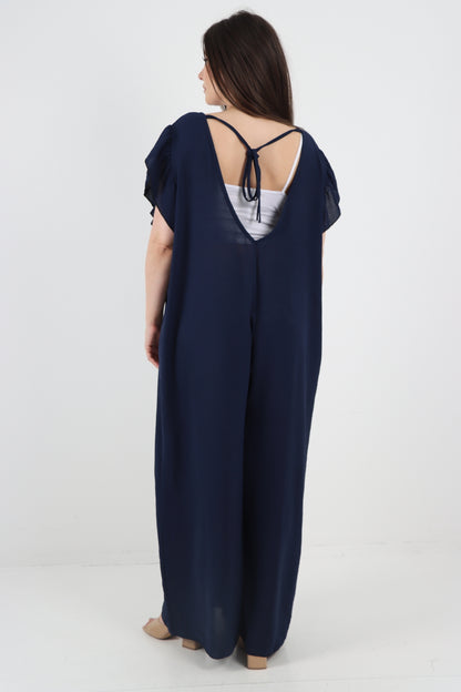 Italian Plain Tie Back Frill Sleeve V Neck Jumpsuit