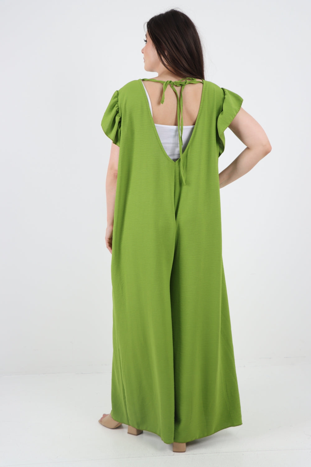 Italian Plain Tie Back Frill Sleeve V Neck Jumpsuit