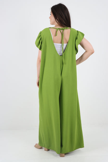 Italian Plain Tie Back Frill Sleeve V Neck Jumpsuit