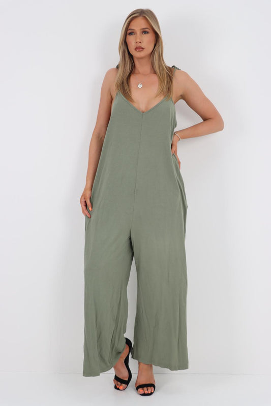 Italian Tie Shoulder Pocketed Plain Jumpsuits
