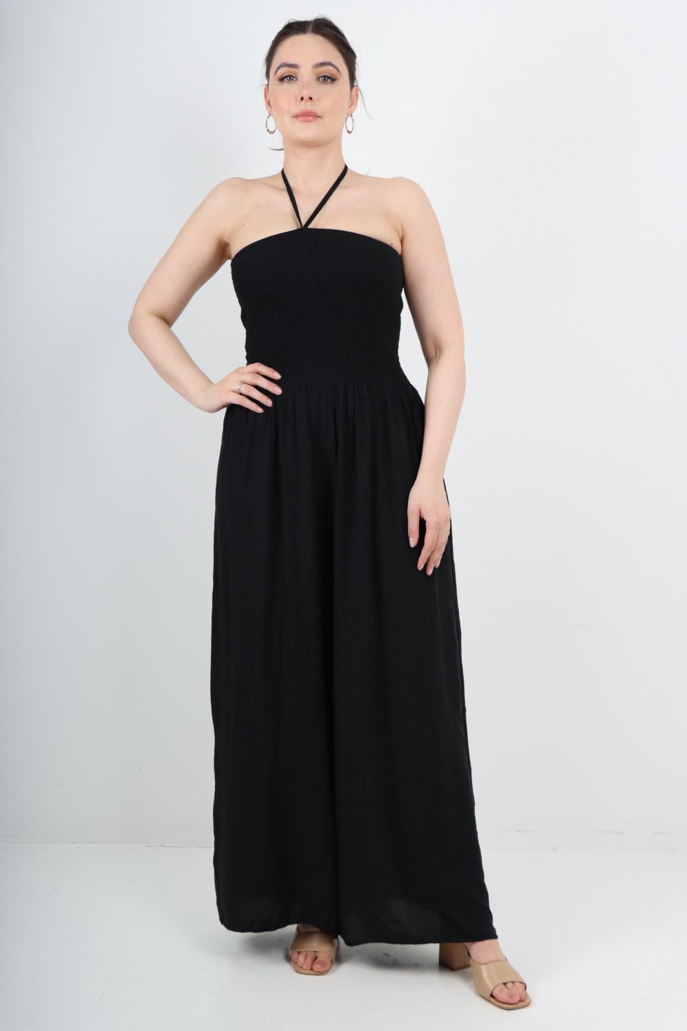 Italian Shirred Halter Neck Wide Leg Jumpsuits