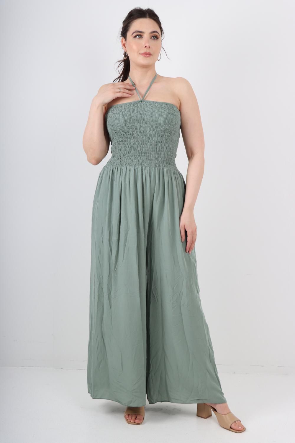 Italian Shirred Halter Neck Wide Leg Jumpsuits