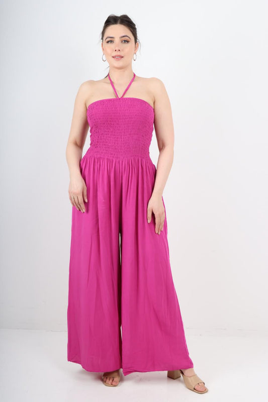 Italian Shirred Halter Neck Wide Leg Jumpsuits