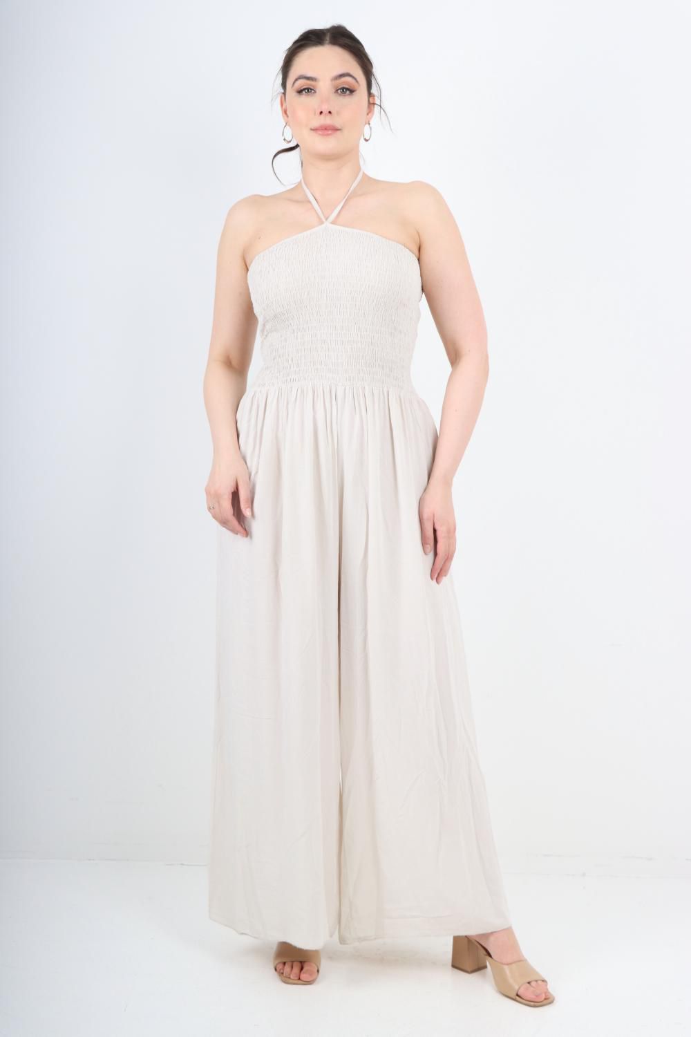 Italian Shirred Halter Neck Wide Leg Jumpsuits