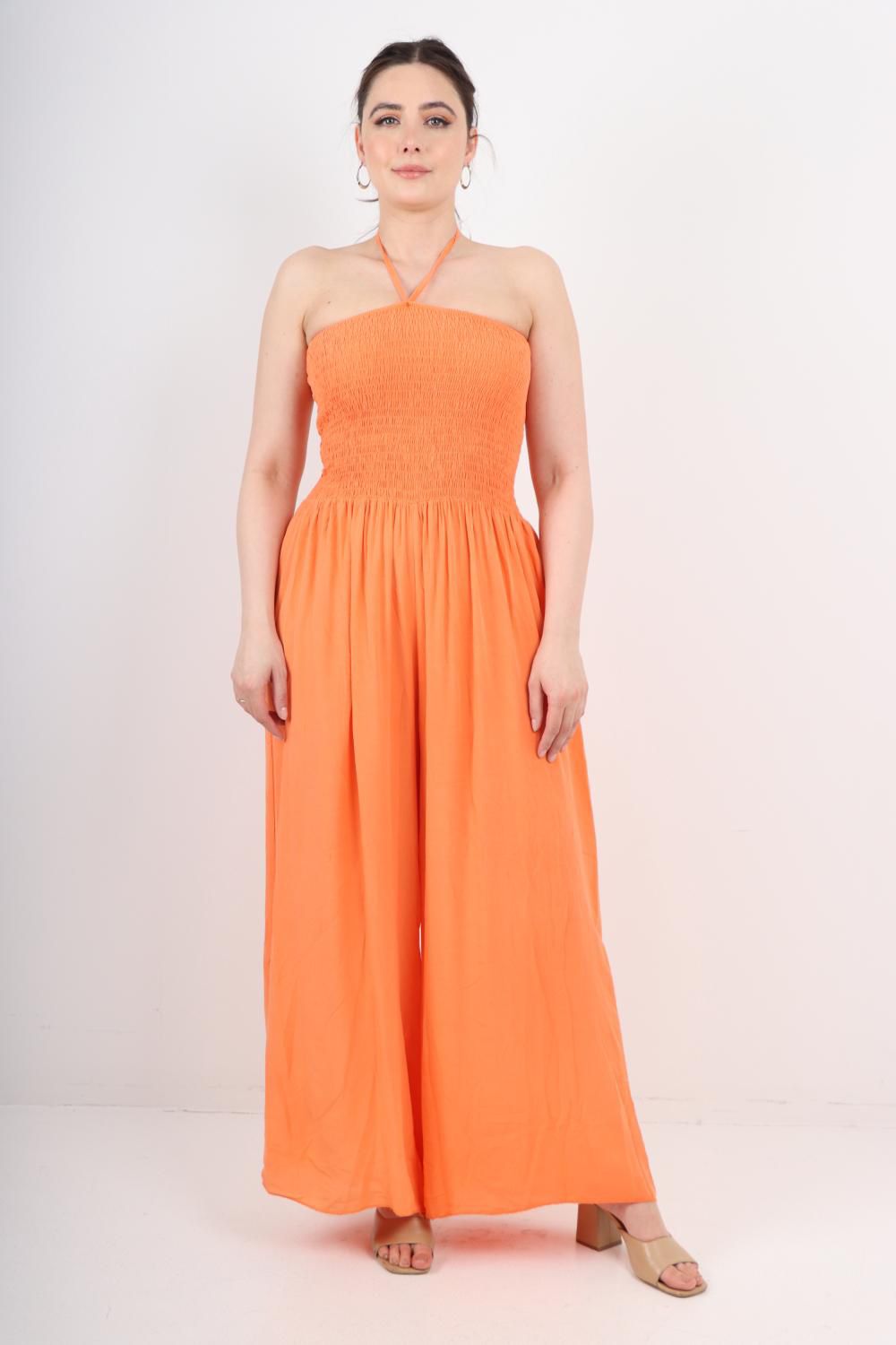 Italian Shirred Halter Neck Wide Leg Jumpsuits