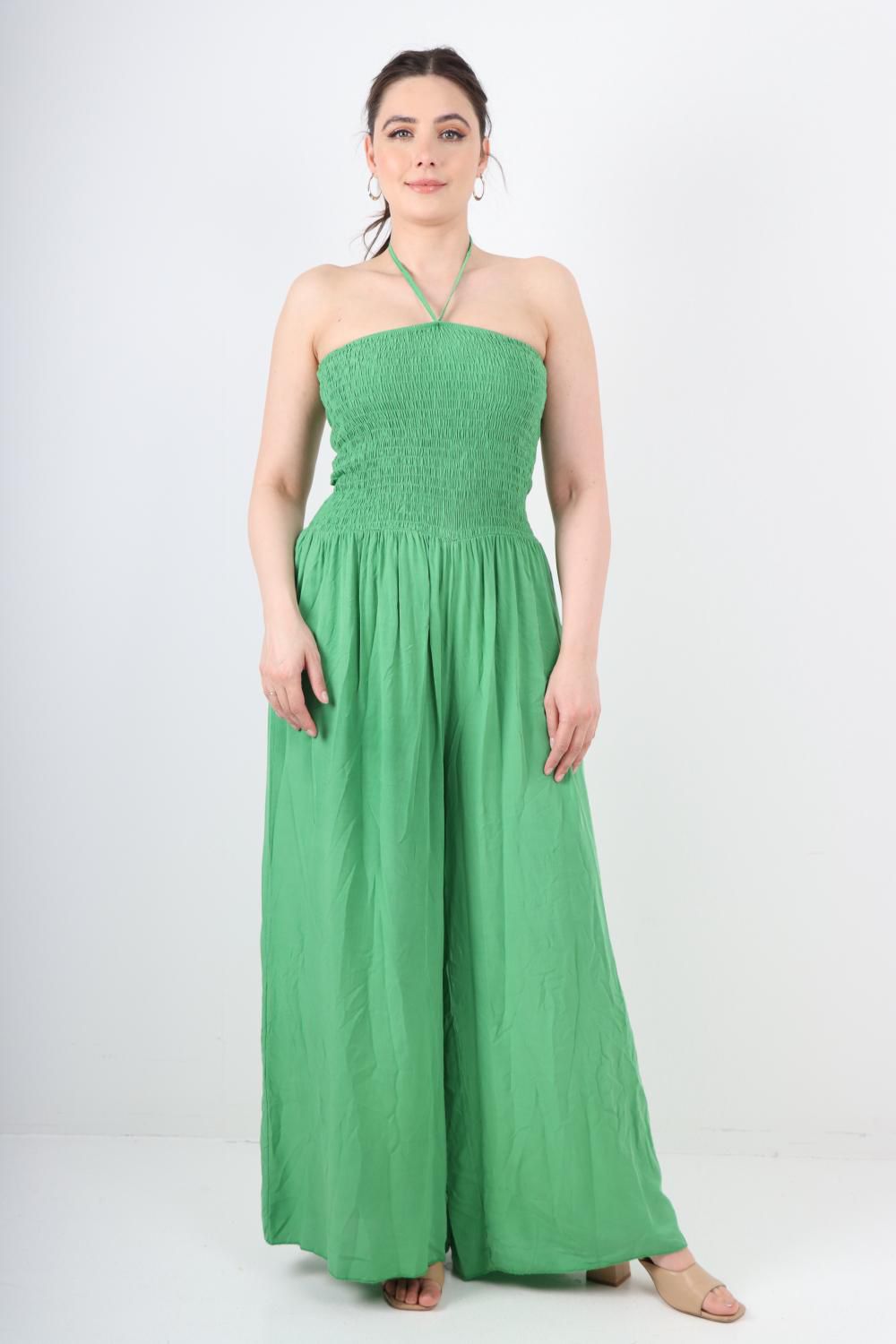 Italian Shirred Halter Neck Wide Leg Jumpsuits