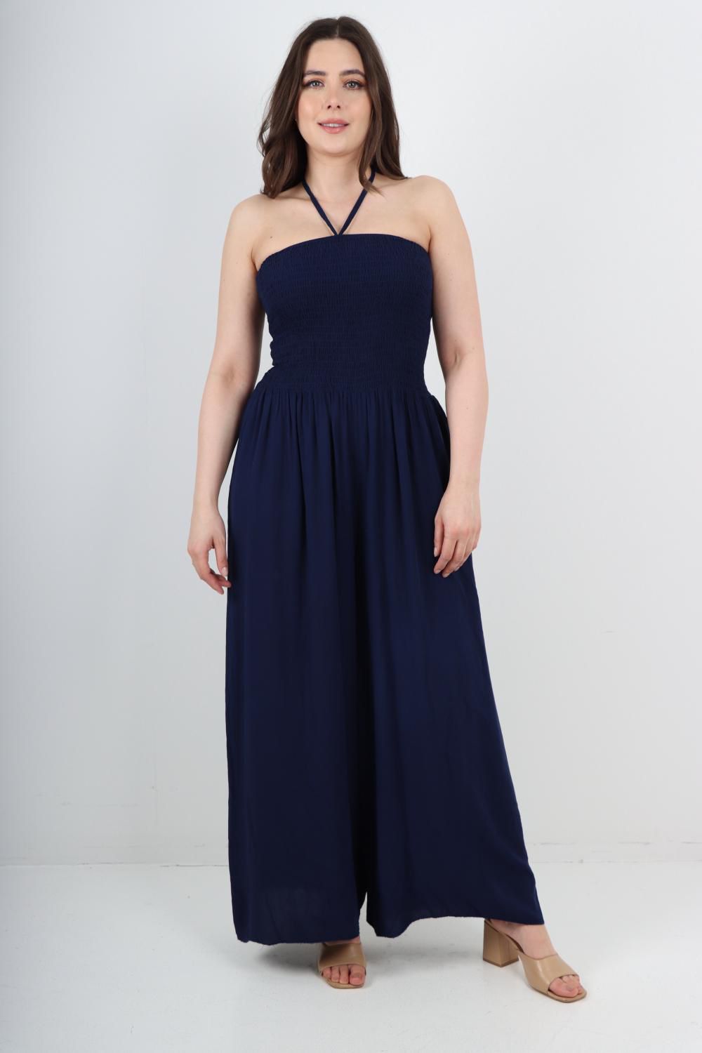 Italian Shirred Halter Neck Wide Leg Jumpsuits