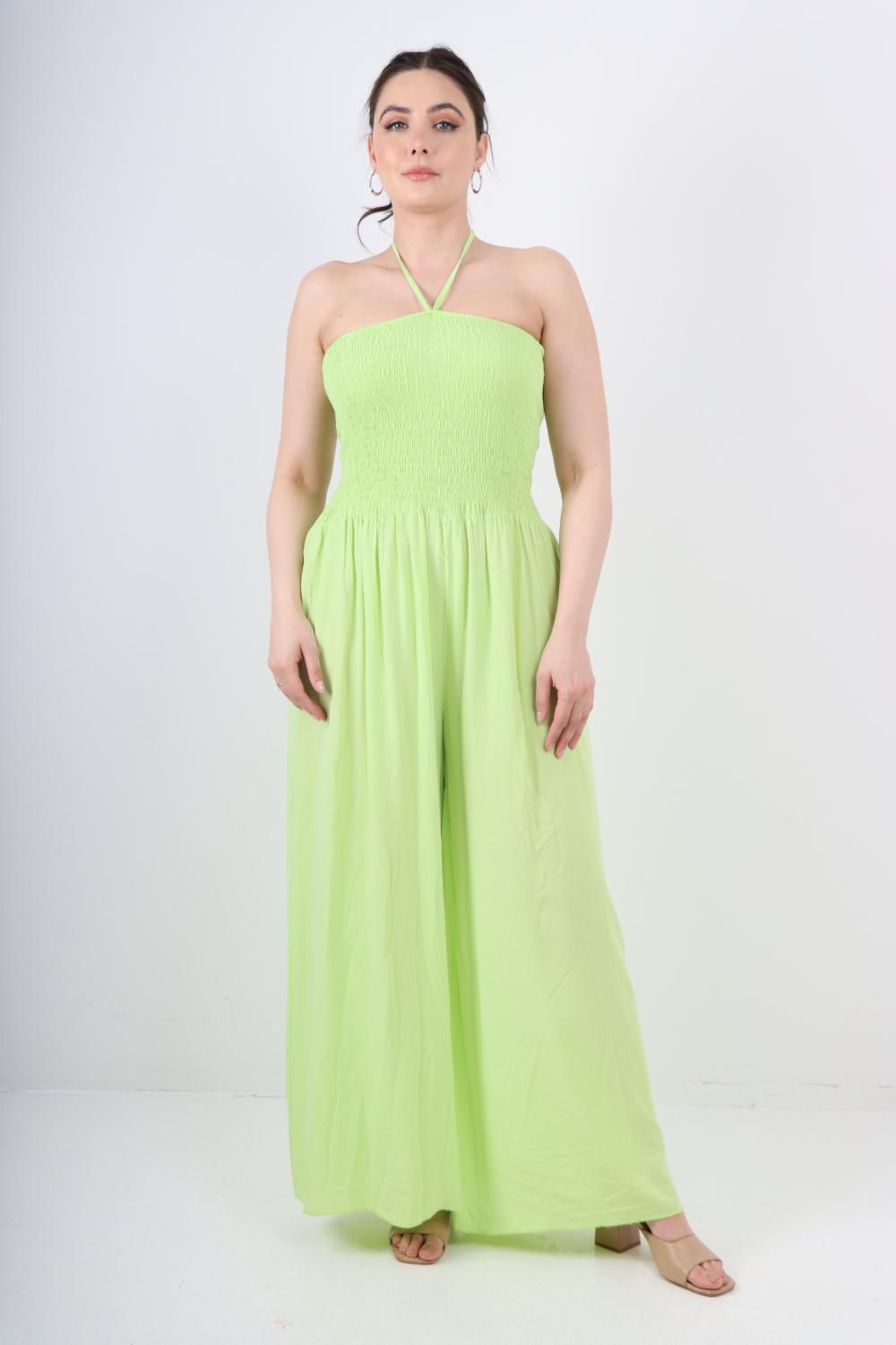 Italian Shirred Halter Neck Wide Leg Jumpsuits