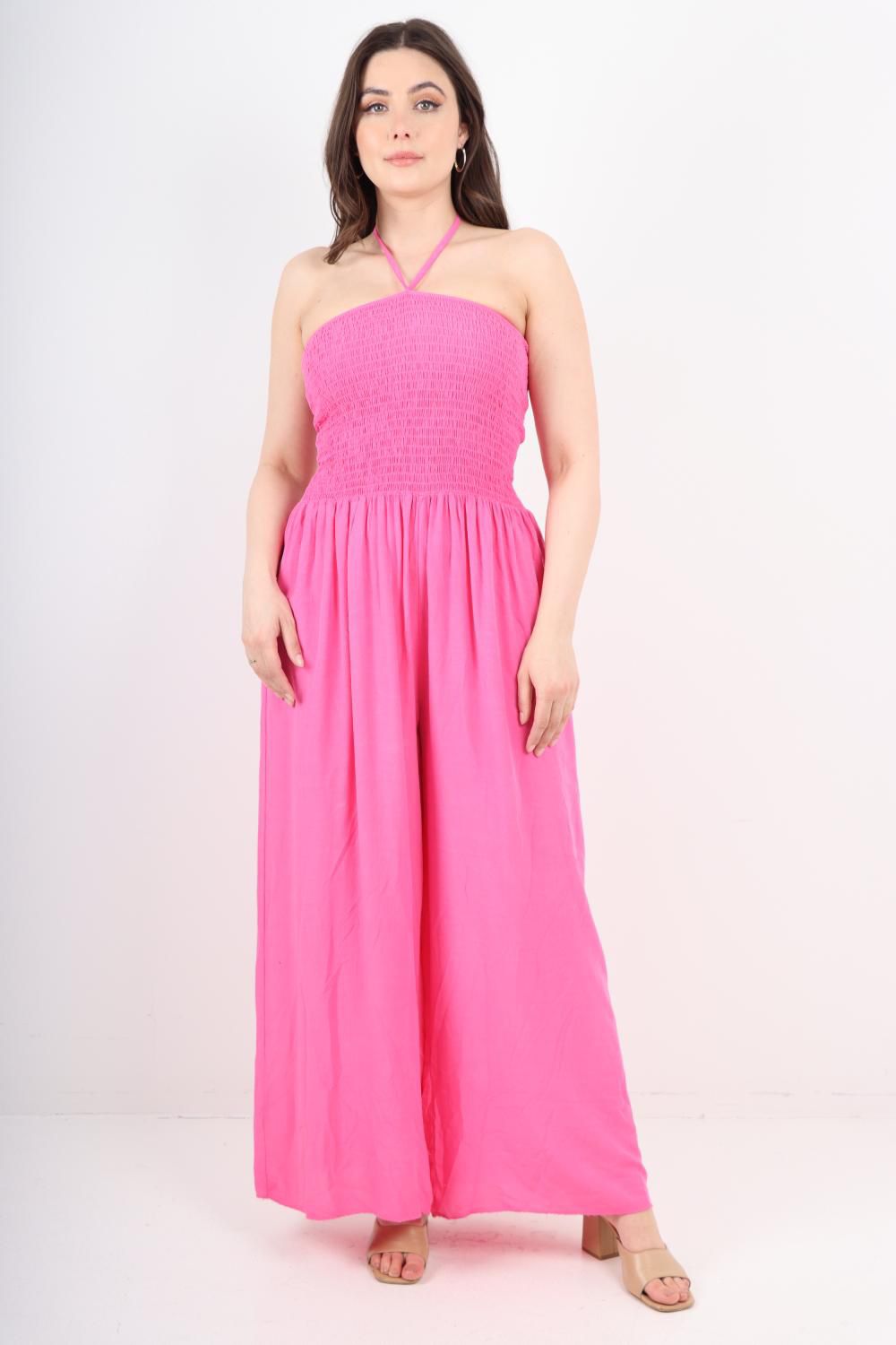 Italian Shirred Halter Neck Wide Leg Jumpsuits