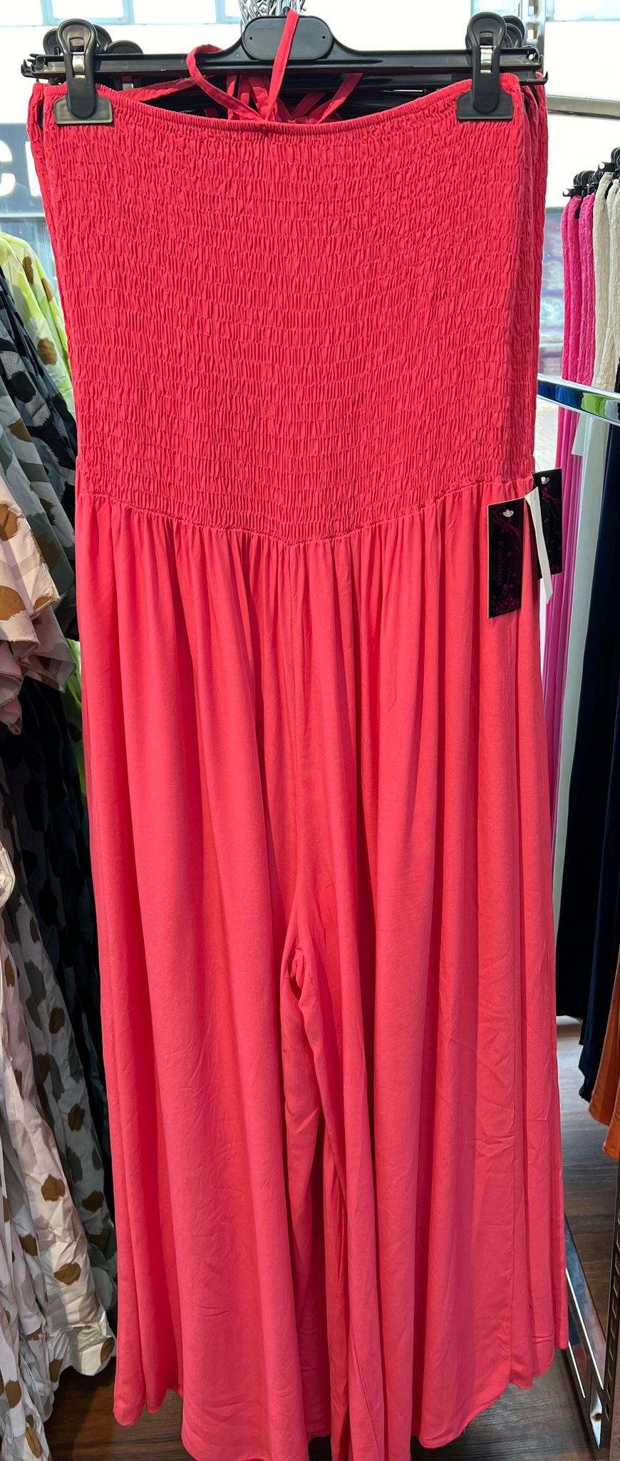 Italian Shirred Halter Neck Wide Leg Jumpsuits