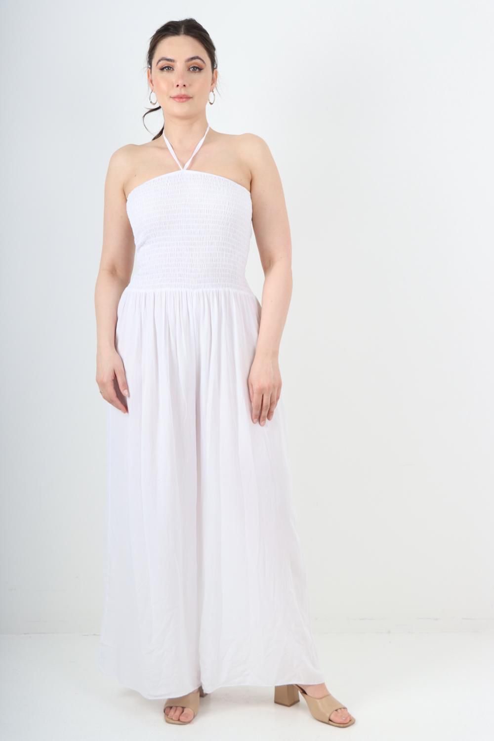 Italian Shirred Halter Neck Wide Leg Jumpsuits